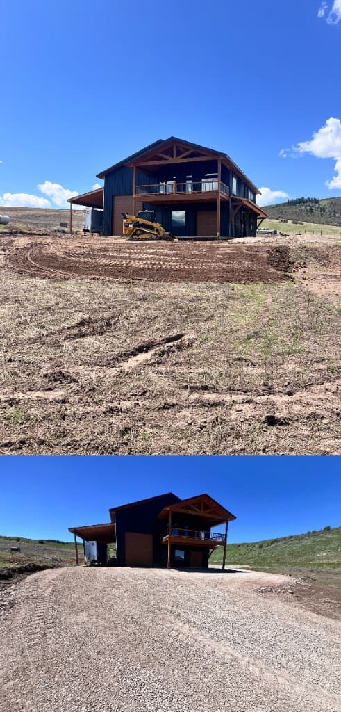 Before and after property grading around a barndominium in Lincoln County